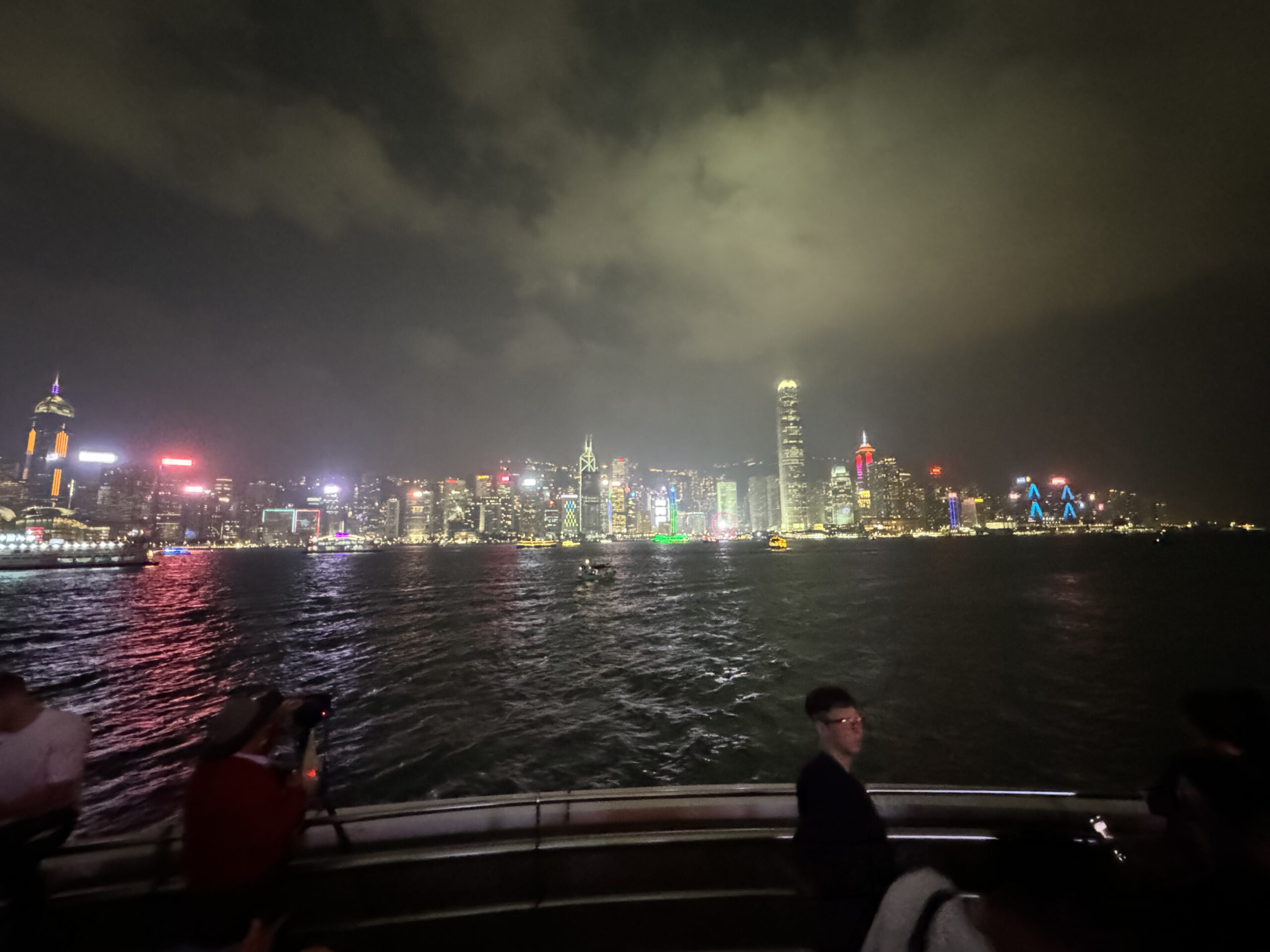 Hong Kong skyline at night during the Symphony of Lights as seen from Kowloon