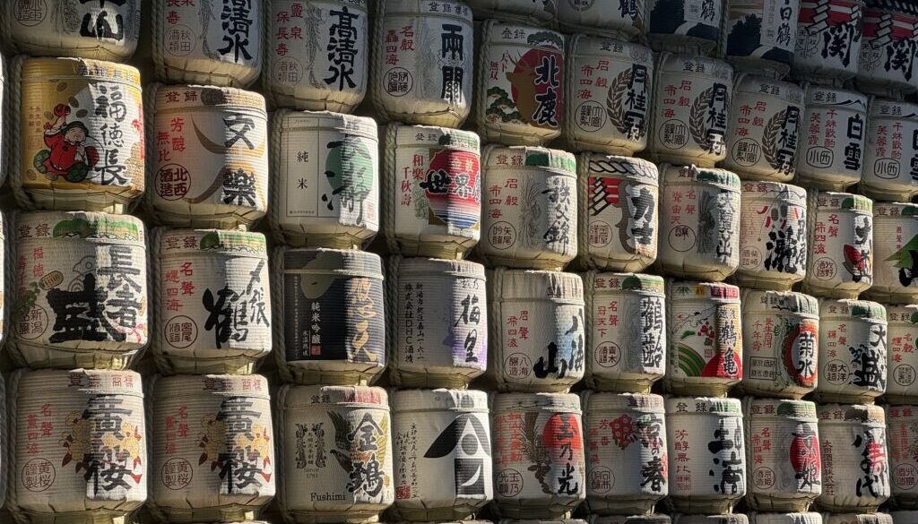 Edo era sake barrels stacked on top of each other in Yoyogi Park, Tokyo, Japan