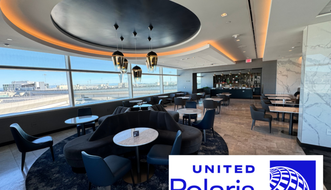 Seating area, snack bar, and views offered by the San Francisco United Polaris Lounge